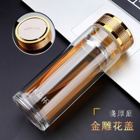 双层玻璃杯 带盖透明商务泡茶水杯 定制logo广告礼品杯
