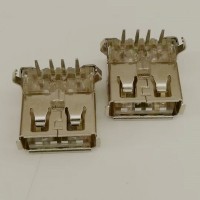 USB 母座 4P 90度后两脚插板DIP 弯脚 卷边 透明胶芯 带后盖
