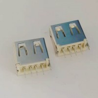 USB 母座 4P 卧式90度后两脚插板DIP 短体 卷边 透明胶