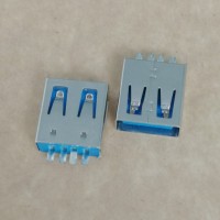 USB AF 4P焊线母座 180度焊线式 蓝胶 铁壳 直边 USB A母焊线插