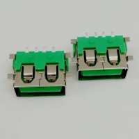 贴片式USB 母座 4P 全贴式SMT 四脚全贴 带柱 直边 带垫片 绿色
